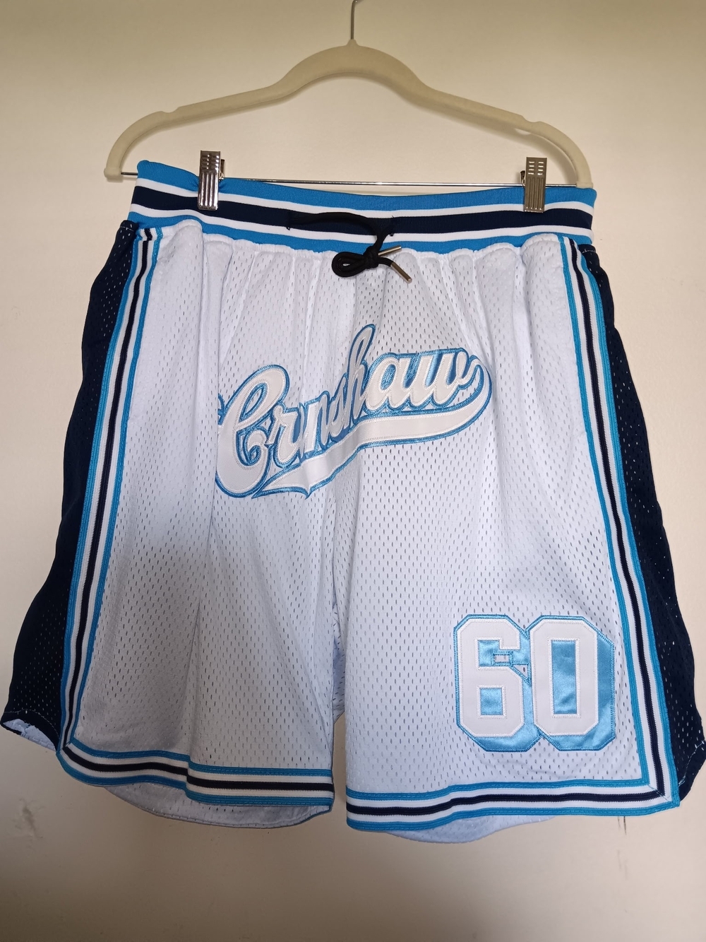 White & Blue Crenshaw Athletic Mesh Shorts with Script Logo